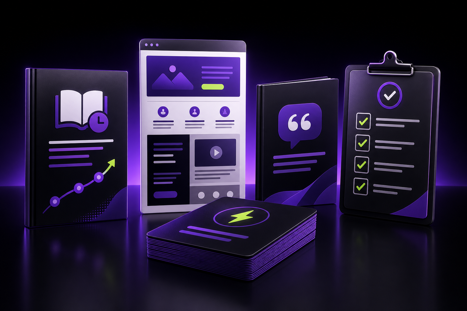 Mockup dos quatro bônus digitais inclusos na oferta premium